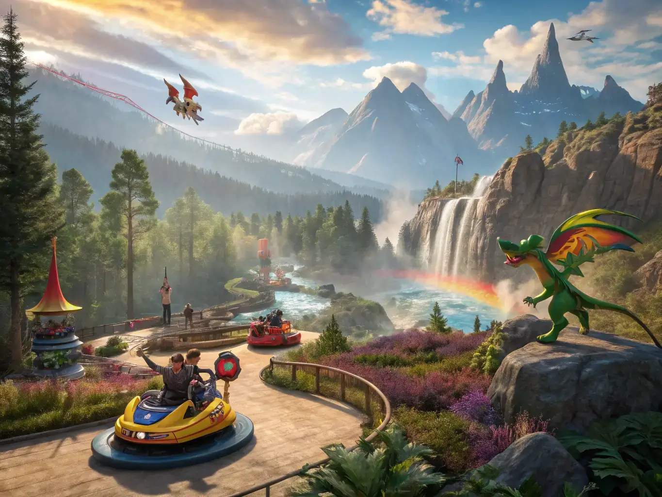 A vibrant image of a video game in development, featuring characters and environments, with dynamic lighting and detailed textures.