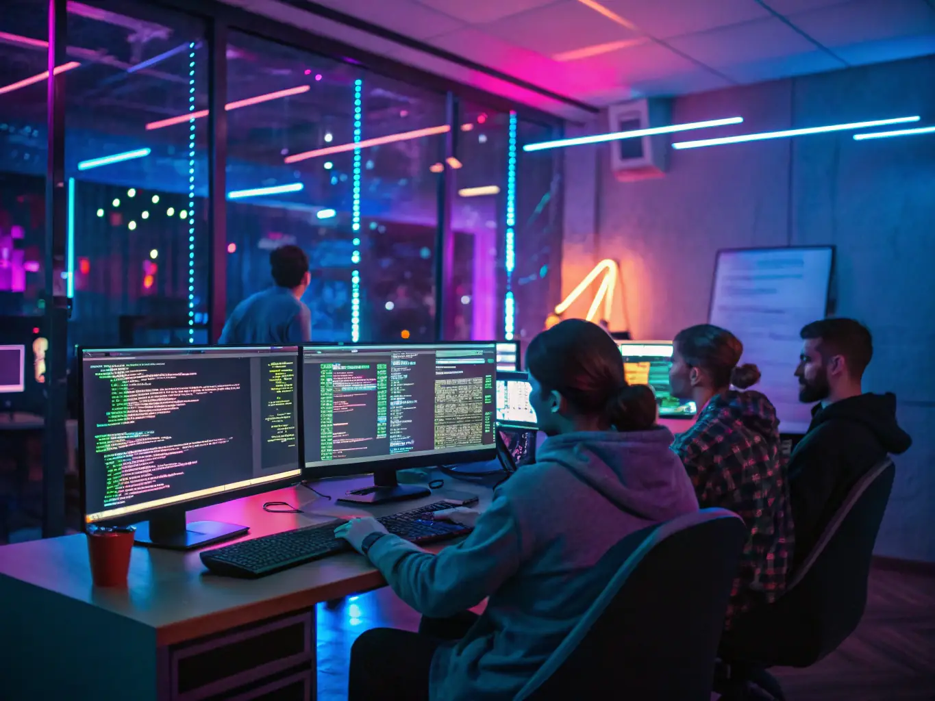 An image showcasing a team of developers collaborating on a software project, with lines of code visible on multiple monitors in a modern office setting.