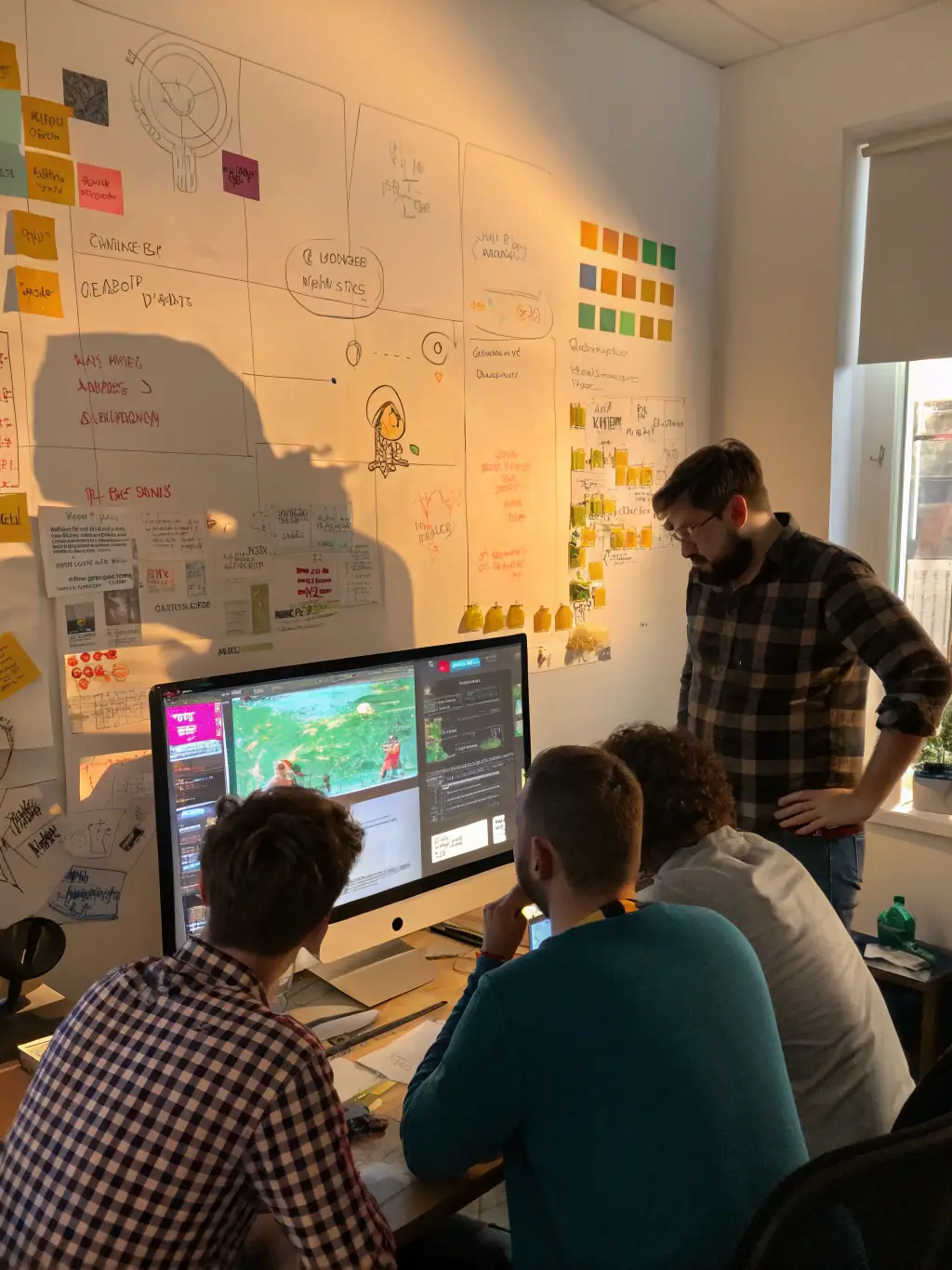 A vibrant and dynamic image of a game development team collaborating in a modern office, surrounded by multiple monitors displaying game code and design interfaces, reflecting K2sTech's expertise in game development.